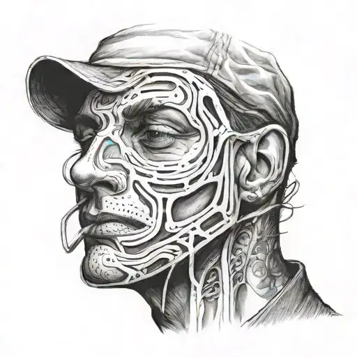 a man without a face, instead of a face there is a question mark, lines go from the head to masks (masks: cheerful, sad, tattoo design idea