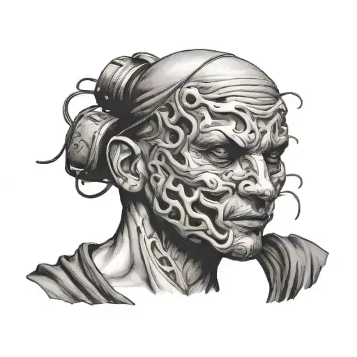 a man without a face, instead of a face there is a question mark, lines go from the head to masks (masks: cheerful, sad) tattoo design idea