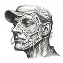 a man without a face, instead of a face there is a question mark, lines go from the head to masks (masks: cheerful, sad, tattoo design idea