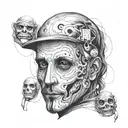 a man without a face, instead of a face there is a question mark, lines go from the head to masks (masks: cheerful, sad, tattoo design idea