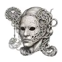 a man without a face, instead of a face there is a question mark, lines go from the head to masks (masks: cheerful, sad, tattoo design idea