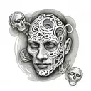 a man without a face, instead of a face there is a question mark, lines go from the head to masks (masks: cheerful, sad, tattoo design idea