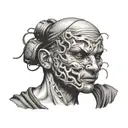 a man without a face, instead of a face there is a question mark, lines go from the head to masks (masks: cheerful, sad) tattoo design idea