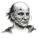 a man without a face, instead of a face there is a question mark, lines go from the head to masks (masks: cheerful, sad) tattoo design idea