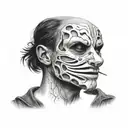 a man without a face, instead of a face there is a question mark, lines go from the head to masks (masks: cheerful, sad) tattoo design idea
