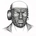 a man without a face, instead of a face there is a question mark, lines go from the head to masks (masks: cheerful, sad) tattoo design idea