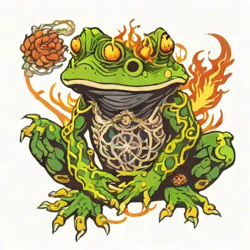 3 eyed bufo toad with chakras flames aura with a tab doing a mudra wearing a symbol around his neck. With chains maybe s tattoo design idea
