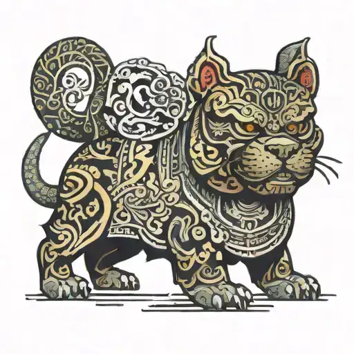 Have a weapon of sorts to be inspired bully dog Tibetan styles Thai styles Chinese style inclusions some reds yellow  tattoo design idea