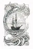 arm sleeve of God reaching out across a sea guiding a boat  tattoo design idea