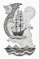 arm sleeve of God reaching out across a sea guiding a boat  tattoo design idea