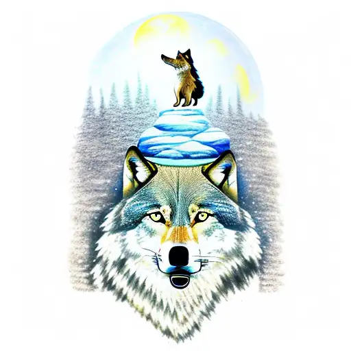 indian on cliff aiming in the sky, wolf howling at the moon, cloaked figure with crystal ball sitting at table with skul tattoo design idea