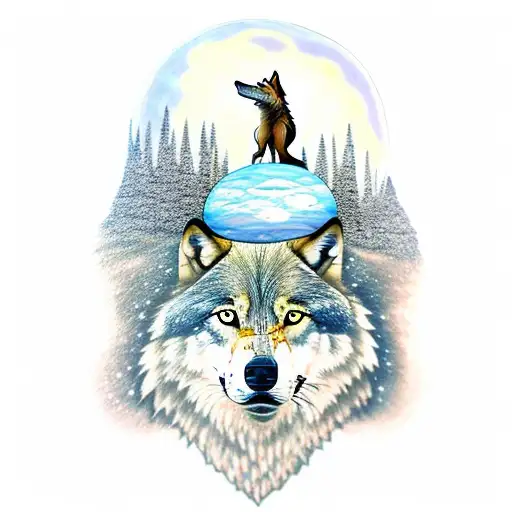 indian on cliff aiming in the sky, wolf howling at the moon, cloaked figure with crystal ball sitting at table tattoo design idea