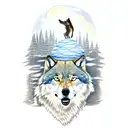 indian on cliff aiming in the sky, wolf howling at the moon, cloaked figure with crystal ball sitting at table tattoo design idea