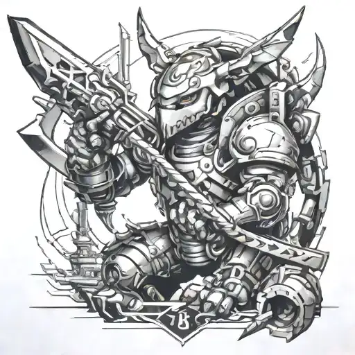 A black-grey tattoo of a mechanical monster hunter wielding electrical engineering tools as weapons tattoo design idea