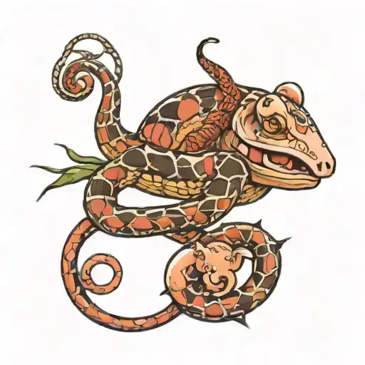 snake protecting baby pig from spider tattoo design idea