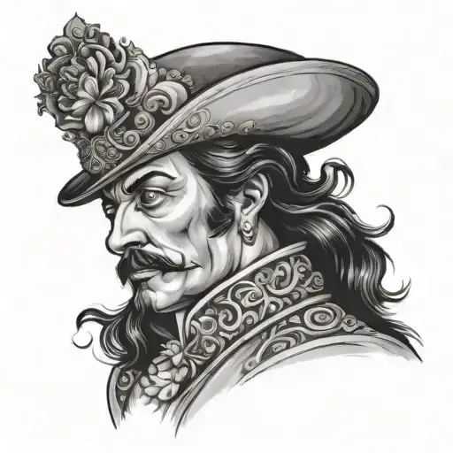 A portrait of a famous opera singer in a dramatic pose, rendered in a black-grey style tattoo design idea