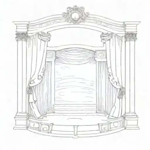 A detailed sketch of a theater curtain opening to reveal a scene from a beloved opera tattoo design idea