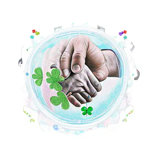 An old person's and a young persons hand in a handshake. Music notes and clovers exploding around. tattoo design idea