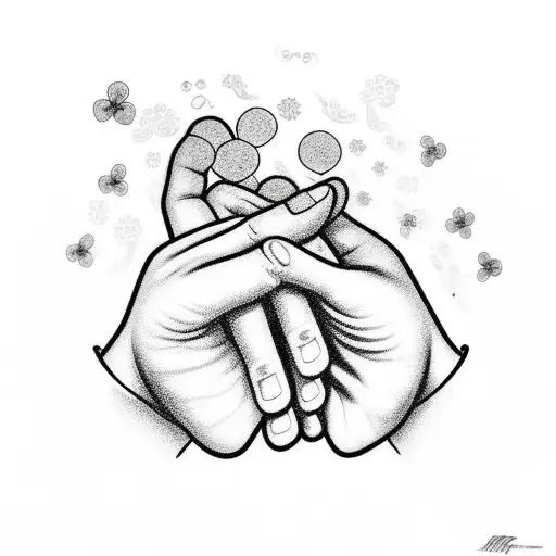 An old person's and a young persons hands in a handshake. Music notes and clovers exploding around. tattoo design idea