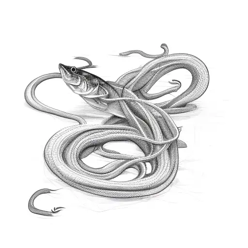 A sketch-style eel tangled in a fishing net tattoo design idea