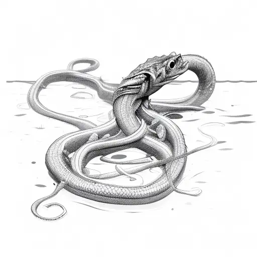 A sketch-style eel tangled in a fishing net tattoo design idea