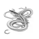 A sketch-style eel tangled in a fishing net tattoo design idea