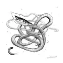 A sketch-style eel tangled in a fishing net tattoo design idea