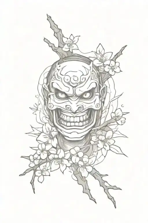 sushi roll under a cherry blossom tree, digital footprints with oni mask with electrical sparks. tattoo design idea