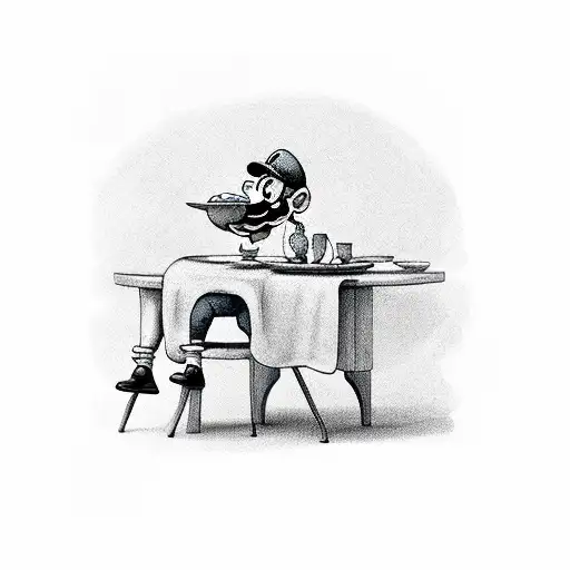 Luigi sitting on a table and eating a soup tattoo design idea