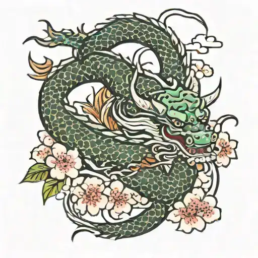 dragon and ox and cherry blossom tattoo design idea