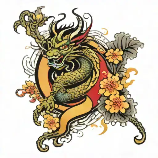 full arm sleeve with dragon and ox and cherry blossom tattoo design idea