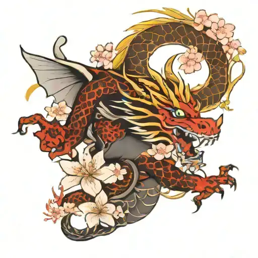 full arm sleeve with dragon and ox and cherry blossom tattoo design idea