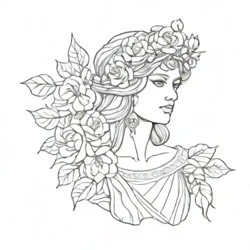line art minimal Athena goddess bust with flower crown of roses and Magnolia flowers  tattoo design idea