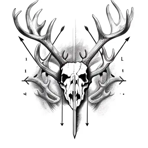 deer skull and antlers  with arrow initials SJ, aj, ej tattoo design idea