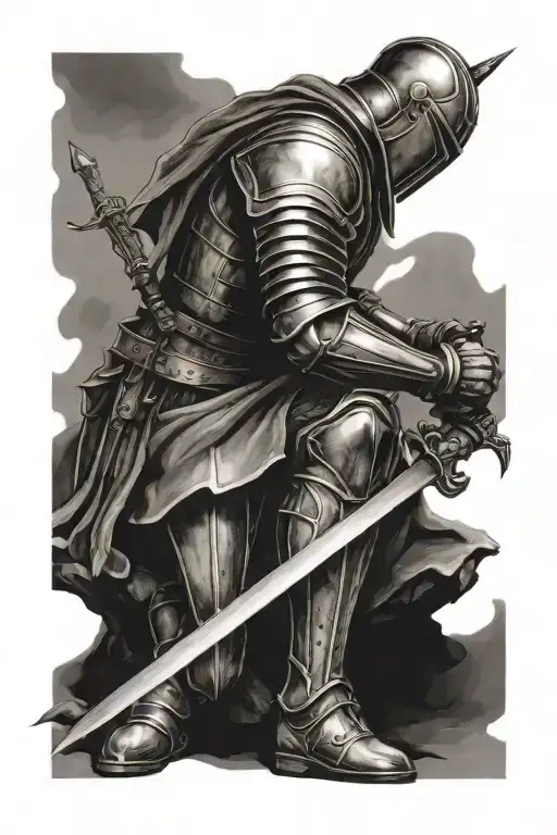 knight kneeling with sword infront him tattoo design idea