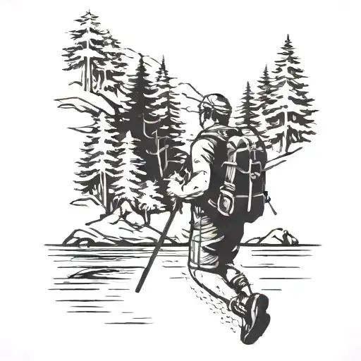 A unique blackwork tattoo of a backpacker hiking through the forests of Wisconsin with a kayak strapped to their backpack tattoo design idea