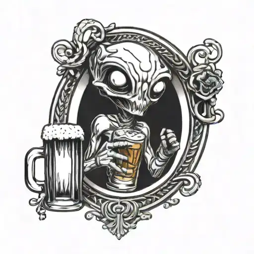 cute alien peeking through circular window holding a glass of beer in hand tattoo design idea