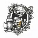 cute alien peeking through circular window holding a glass of beer in hand tattoo design idea