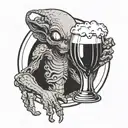 cute alien peeking through circular window holding a glass of beer in hand tattoo design idea