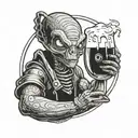 cute alien peeking through circular window holding a glass of beer in hand tattoo design idea
