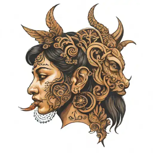 A detailed portrait of Sambodhi with intricate patterns inspired by religious iconography, representing the love and devotion towards your girlfriend tattoo design idea