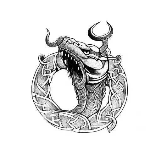 Viking tattoo design, Jörmungander snake in the style of God of War Ragnarok in profile, blackwork style, low contrasts tattoo design idea