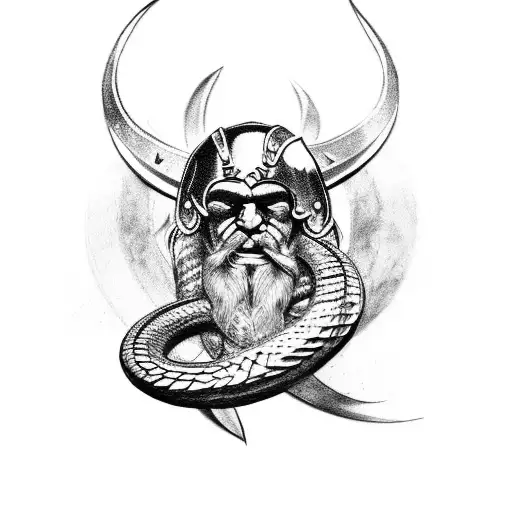 Viking tattoo design, Jörmungander snake in the style of God of War Ragnarok in profile, blackwork style, snake tattoo design idea