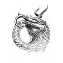 Viking tattoo design, Jörmungander snake in the style of God of War Ragnarok in profile, blackwork style, low contrasts tattoo design idea