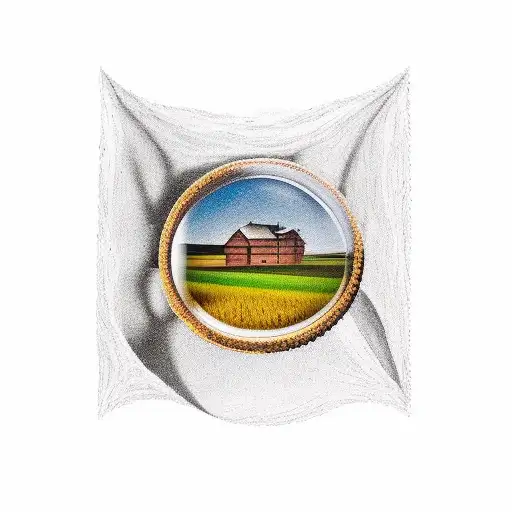 a color tattoo of a wheat farm viewed through a beer glass shapped window tattoo design idea