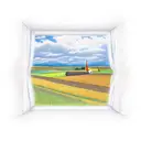 a color tattoo of a wheat farm viewed through a beer glass shapped window tattoo design idea