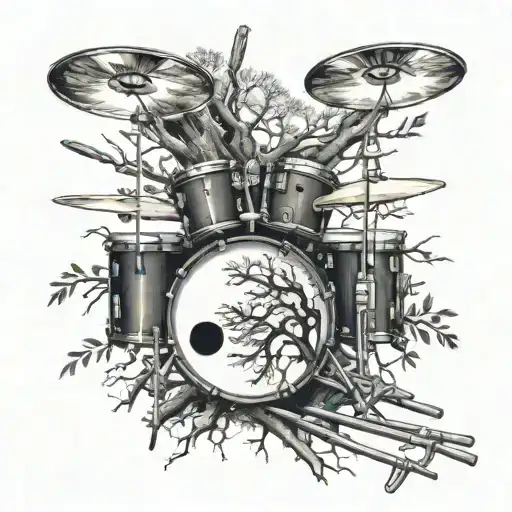 snare drum with drumsticks and family tree growing tattoo design idea