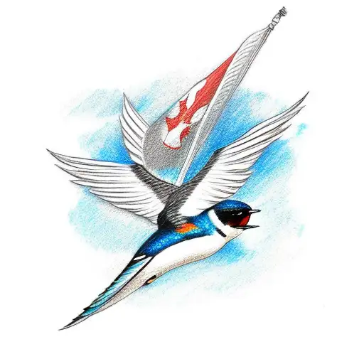 A sketch-style tattoo depicting a swallow flying over the Red Sea holds a PADI flag in its beak, with the words "Red Sea tattoo design idea