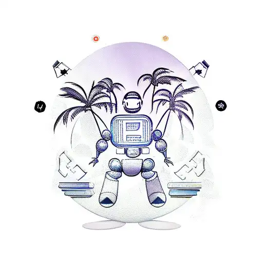 A new-school tattoo of a futuristic robot DJ mixing music on a tropical island, with palm trees and a Bitcoin logo in the background tattoo design idea