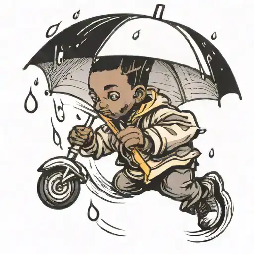 Black kid with umbrella with rain falling tattoo design idea